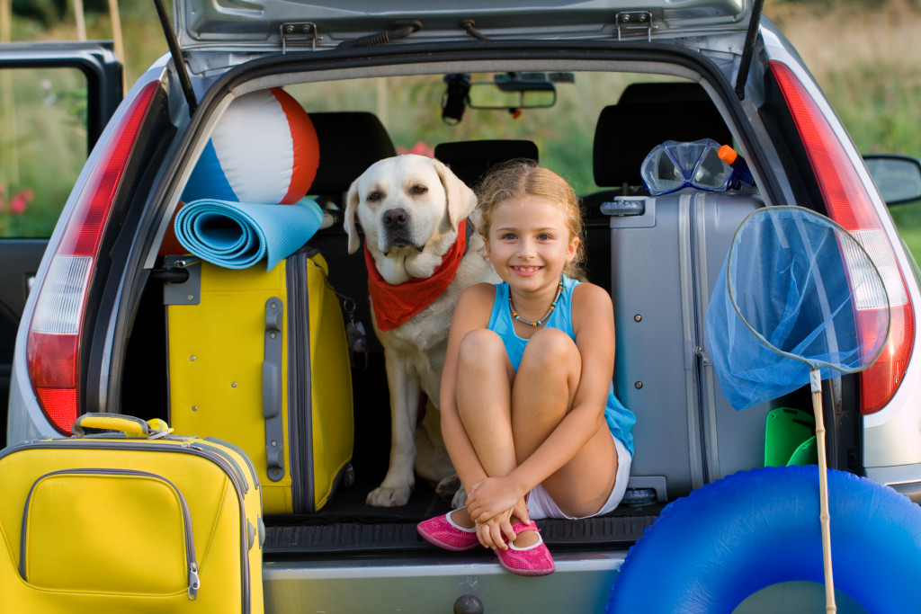 Smiling girl with her dog in car with suitcase for the road trip 