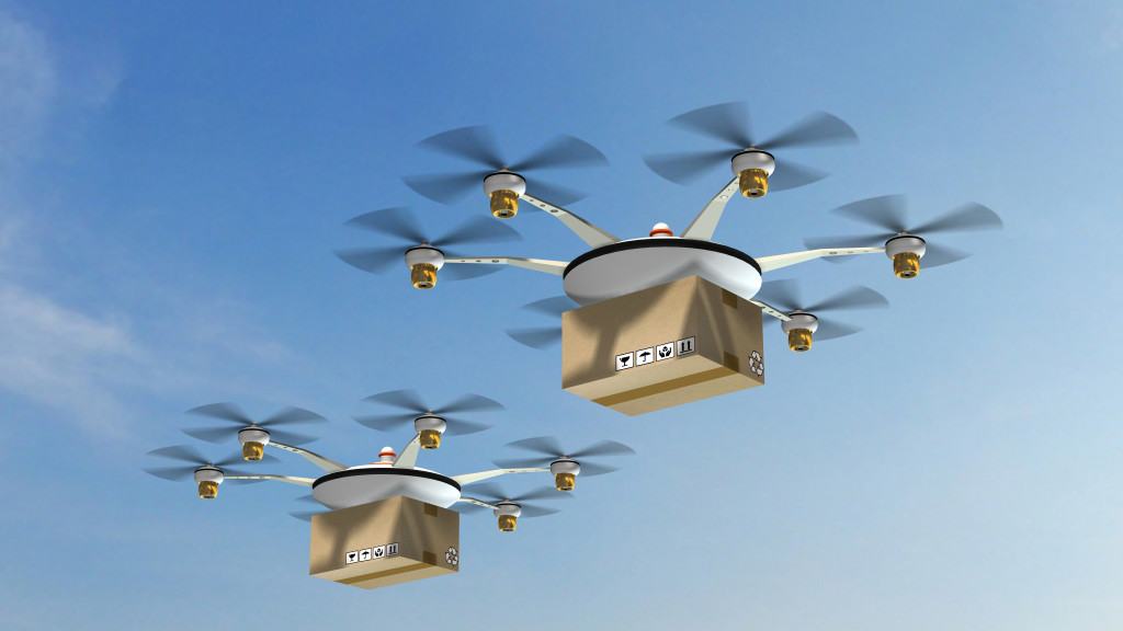 drone with the parcel boxes on the sky