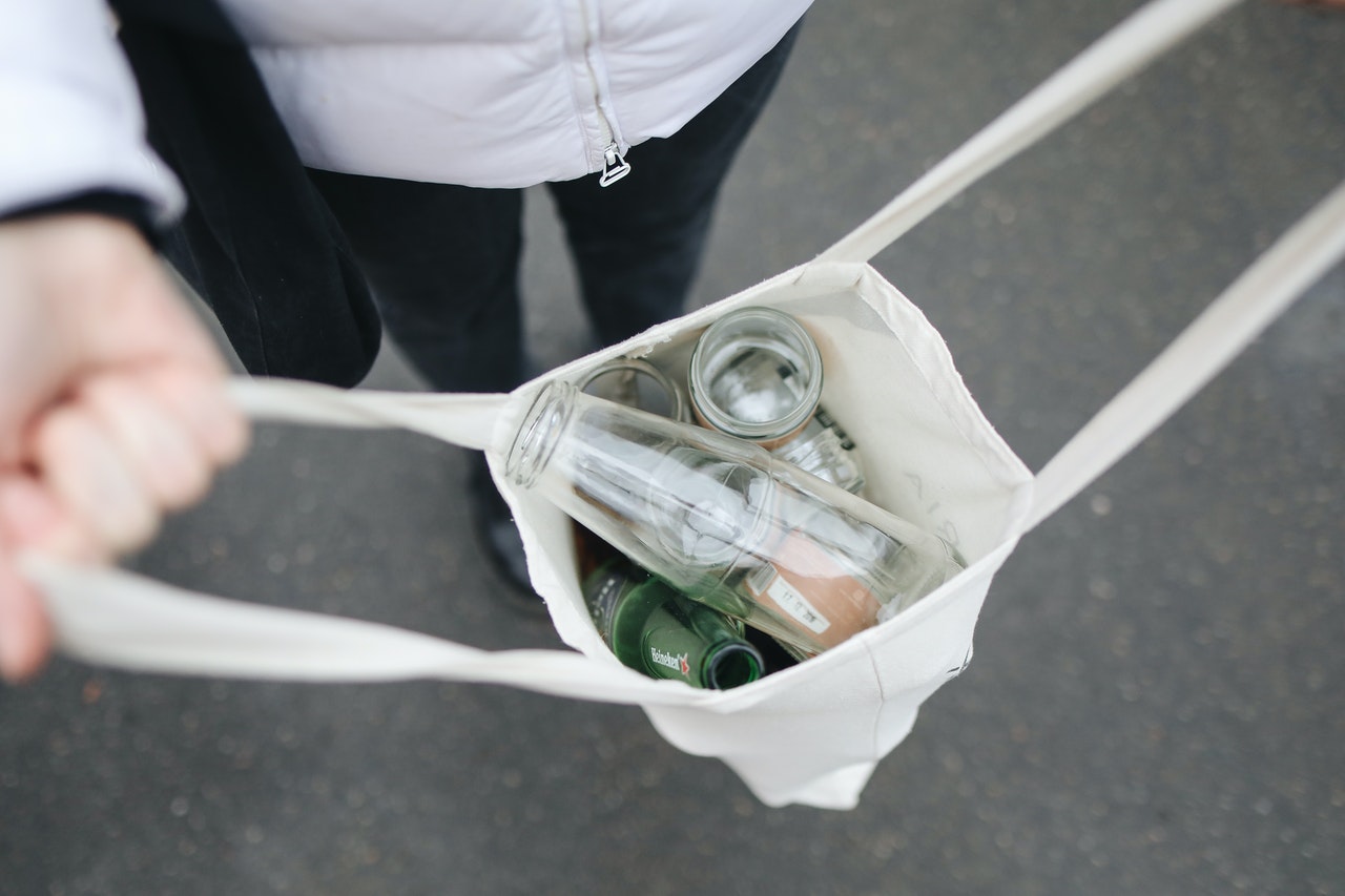 bag filled with glass containers